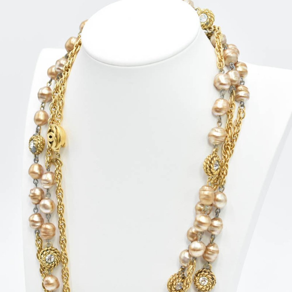 CHANEL CC Pearl & Diamond Extra Long Vintage Necklace 1980s w/Box - Picture 10 of 15